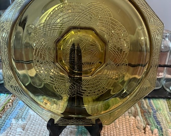 Vintage Amber Romanesque Glass Bowl 10.5” L.E. Smith 1920’s Beaded Star Server