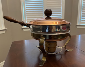 Calentador de alimentos portátil vintage de cobre con mango de madera EUC