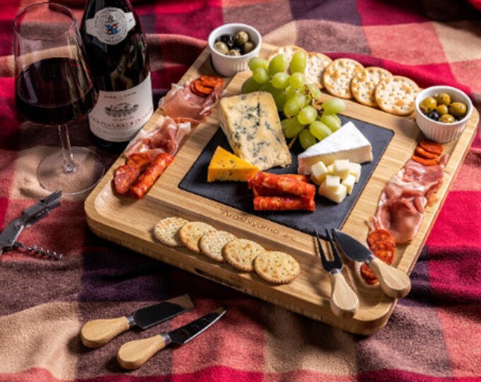 Arashiyama® Cheese Board with Slate Piece, Ceramic Bowls and accessories | Luxury Serving Tray for Charcuterie, Cheese, Tapas and more |