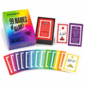 May include: A card game titled Do You Know The 99 Names of Allah? featuring a rainbow-colored box, a black storage tray, and multiple rectangular cards. Each card displays Arabic calligraphy, English text, and a scalloped border in various colors.
