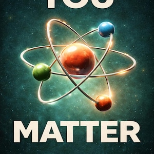 Könnte beinhalten: Poster mit den Worten "YOU MATTER" in weißen Blockbuchstaben. Ein Atommodell ist zentriert, mit einer großen orangefarbenen Kugel in der Mitte, umgeben von kreisenden Ringen und kleineren Kugeln in Grün, Blau und Orange auf dunklem tealfarbenem Hintergrund.