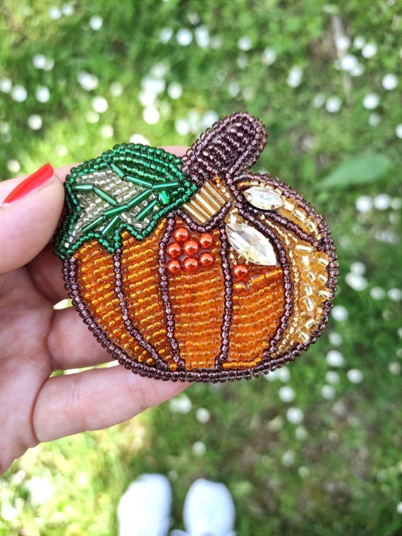 Pumpkin Beaded Brooch Halloween Handmade Pumpkin Brooch Autumn