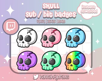 6 Twitch Sub badges Skull, Halloween, Skeleton, Goth, Cute, Bit, Cheer, Emotes, Loyalty, Art for streamers