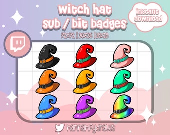 9 Twitch Sub badges Cute Witch Hat, Halloween, Bit, Cheer, Loyalty, Emotes, Art for streamers