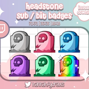 6 Twitch Sub badges Headstone, Halloween, Gravestone, Goth, Bit, Cheer, Loyalty, Emotes, Art for streamers