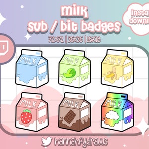 6 Twitch Sub badges Cute Milk Carton, Strawberry, Bit, Cheer, Loyalty, Emotes, Art for streamers