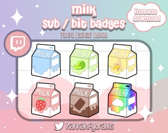 6 badges Twitch Sub Cute Milk Carton, Strawberry, Bit, Cheer, Loyalty, Emotes, Art pour streamers
