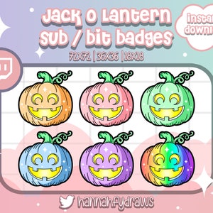 May include: Six Jack-o'-lantern themed Twitch sub/bit badges in various colors, including orange, pink, green, blue, purple, and rainbow. The badges are in a grid pattern and feature a smiling jack-o'-lantern face with a yellow grin and black eyes. The text "72X72 | 36X36 | 18X18" is at the top of the image.
