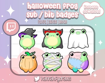 6 Twitch Sub badges Halloween Frog, Costume, Goth, Cute, Bit, Cheer, Emotes, Loyalty, Art for streamers