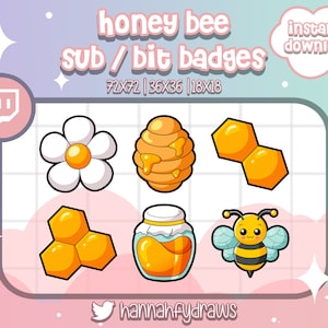 6 Twitch Sub badges Honey Bee, Cute, Kawaii, Bumble, Bit, Cheer, Emotes, Loyalty, Art for streamers