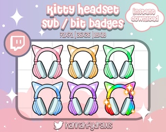 6 Twitch Sub badges Kitty Headset, Cute, Kitten Ear, Headphone, Bit, Cheer, Emotes, Loyalty, Art for streamers