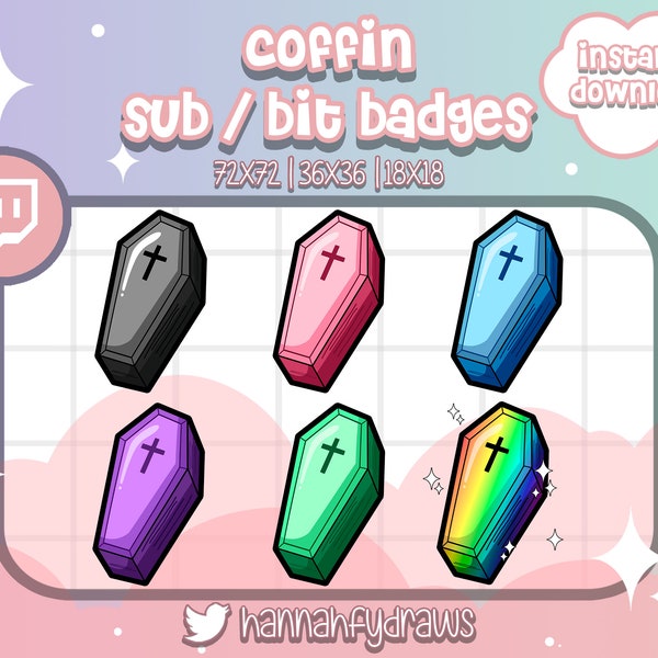 6 Twitch Sub badges Coffin, Halloween, Goth, Cute, Bit, Cheer, Emotes, Loyalty, Art for streamers