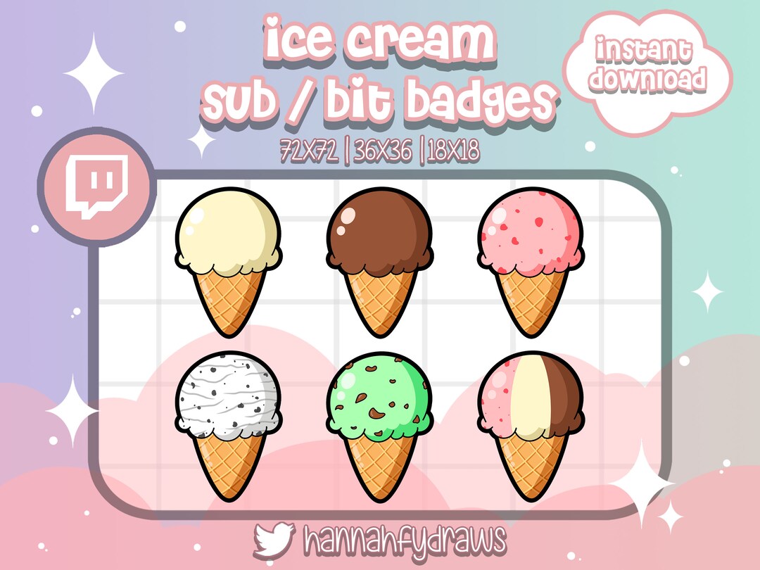 6 Twitch Sub Badges Cute Ice Cream, Bit, Cheer, Loyalty, Emotes, Art