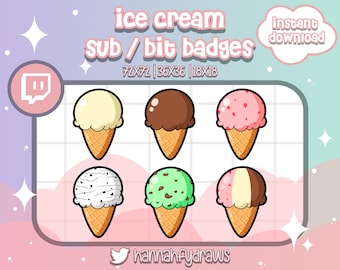 6 Twitch Sub badges Cute Ice Cream, Bit, Cheer, Loyalty, Emotes, Art for streamers