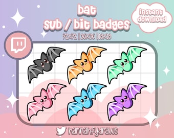 6 Twitch Sub badges Bat, Halloween, Goth, Cute, Bit, Cheer, Emotes, Loyalty, Art for streamers