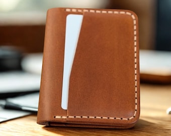 Handmade Minimalist Leather Bifold Card Holder Wallet: Personalized Gift for Him