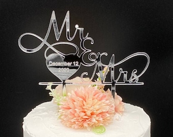 Custom Wedding Date Mr. & Mrs. Cake Topper, Mirror Acrylic in Silver, Rose Gold, or Gold