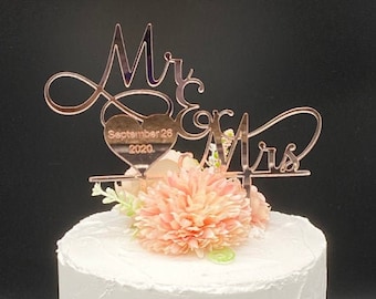 Custom Wedding Date Mr. & Mrs. Cake Topper, Mirror Acrylic in Silver, Rose Gold, or Gold