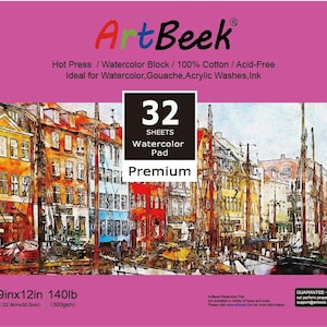 May include: A pink package for a 32 sheet watercolour pad. The pad is 9 inches by 12 inches and 140lb (300gsm). The package features a watercolour painting of a city scene with colourful buildings and boats.