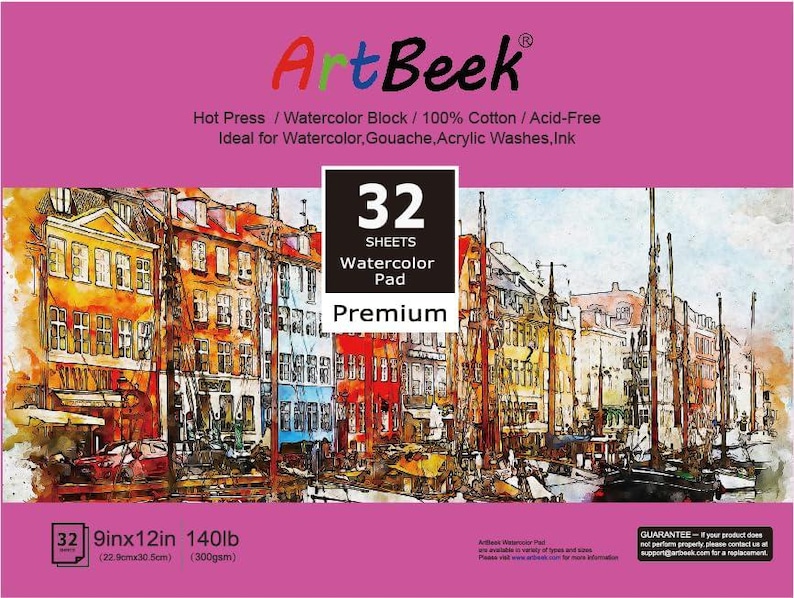 May include: A pink package for a 32 sheet watercolour pad. The pad is 9 inches by 12 inches and 140lb (300gsm). The package features a watercolour painting of a city scene with colourful buildings and boats.