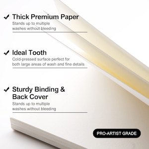 May include: Close-up of a white sketchbook with a textured cover. The cover has a text overlay that reads "Thick Premium Paper", "Ideal Tooth", "Sturdy Binding & Back Cover", and "PRO-ARTIST GRADE".
