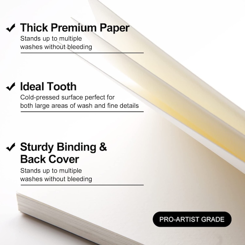 May include: Close-up of a white sketchbook with a textured cover. The cover has a text overlay that reads "Thick Premium Paper", "Ideal Tooth", "Sturdy Binding & Back Cover", and "PRO-ARTIST GRADE".