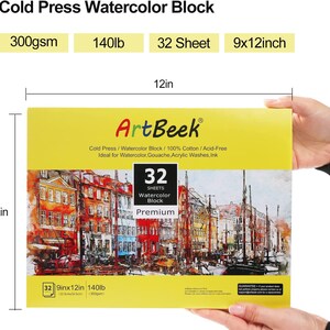 May include: A 32-sheet watercolor block, 9x12 inches, 140lb, 300gsm, cold pressed, acid-free, ideal for watercolour, gouache, acrylic washes, and ink. The block is yellow with a colourful cityscape image and the text "Art Beek" and "Premium".