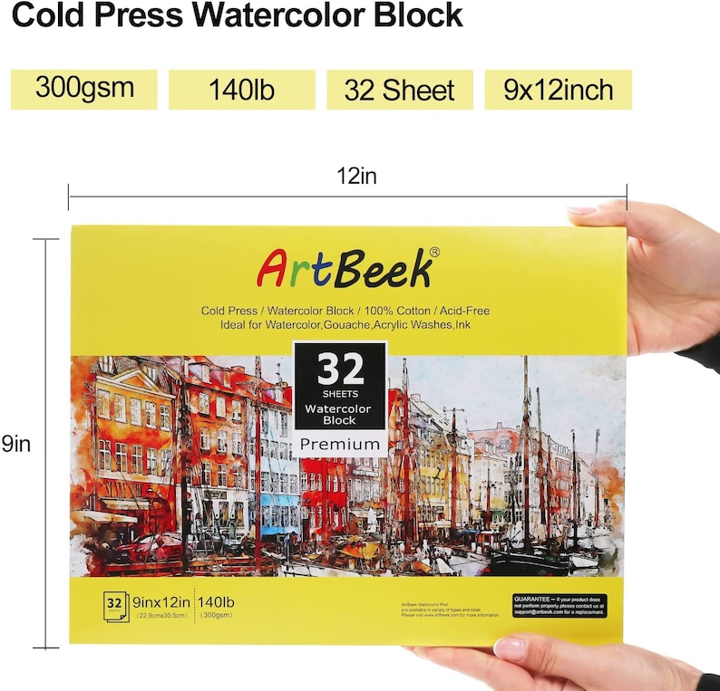 May include: A 32-sheet watercolor block, 9x12 inches, 140lb, 300gsm, cold pressed, acid-free, ideal for watercolour, gouache, acrylic washes, and ink. The block is yellow with a colourful cityscape image and the text "Art Beek" and "Premium".
