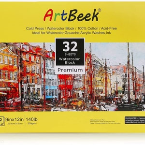 May include: A pack of 32 watercolor paper sheets in a block format. The paper is 140lb (300gsm), 9x12 inches (22.9x30.5 cm), cold pressed, acid-free, and 100% cotton. The pack is yellow with the brand name Art Beek printed in green and blue. The image shows a watercolor painting of a city scene with boats and buildings.