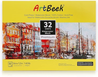 May include: A pack of 32 watercolor paper sheets in a block format. The paper is 140lb (300gsm), 9x12 inches (22.9x30.5 cm), cold pressed, acid-free, and 100% cotton. The pack is yellow with the brand name Art Beek printed in green and blue. The image shows a watercolor painting of a city scene with boats and buildings.