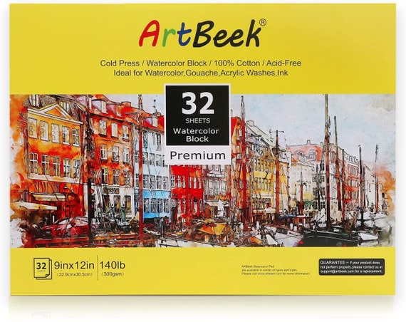 Artbeek Watercolor Paper Block,9x12 32 Sheets 100% Cotton Cold Press  140lb/300gsm 