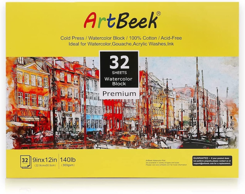 May include: A pack of 32 watercolor paper sheets in a block format. The paper is 140lb (300gsm), 9x12 inches (22.9x30.5 cm), cold pressed, acid-free, and 100% cotton. The pack is yellow with the brand name Art Beek printed in green and blue. The image shows a watercolour painting of a city scene with boats and buildings.