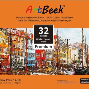 May include: A 32-sheet watercolour pad with a premium label. The pad is 9 inches by 12 inches and 140lb (300gsm). The cover features a colourful illustration of a city scene with buildings and boats.