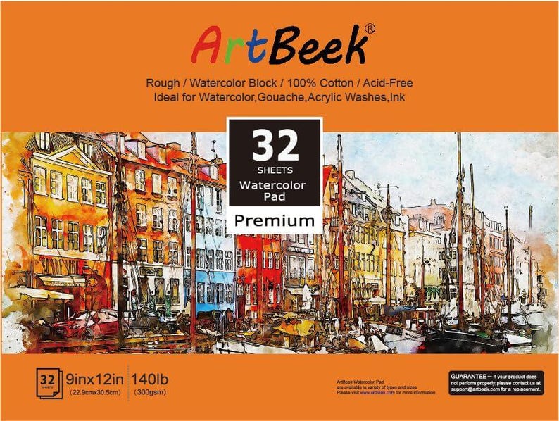 May include: A 32-sheet watercolour pad with a premium label. The pad is 9 inches by 12 inches and 140lb (300gsm). The cover features a colourful illustration of a city scene with buildings and boats.