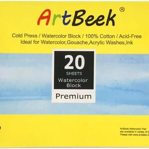 May include: A yellow package with a blue watercolour wash design. The package is for a 20 sheet watercolour block, 140lb (300gsm), 3.9 inches by 9.8 inches. The brand name is Art Beek.