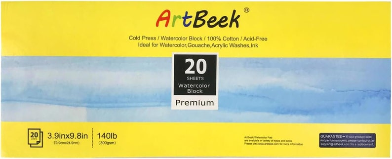 May include: A yellow package with a blue watercolour wash design. The package is for a 20 sheet watercolour block, 140lb (300gsm), 3.9 inches by 9.8 inches. The brand name is Art Beek.