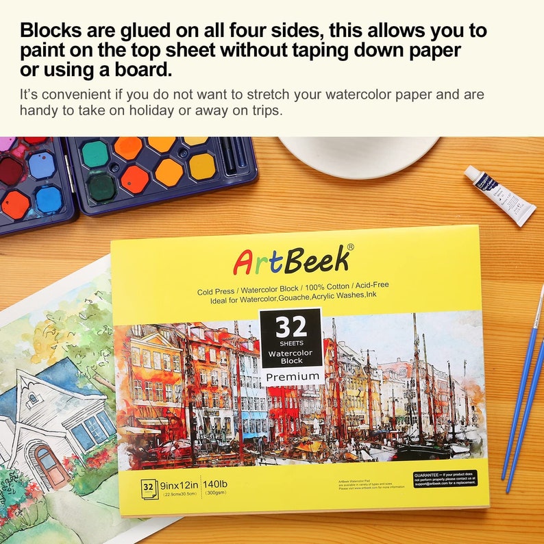 May include: A yellow and white watercolour block with 32 sheets, 9 inches by 12 inches, and 140lb weight. The block is labelled "Art Beek" and features a colourful cityscape illustration. The text "Cold Press/Watercolour Block/100% Cotton/Acid-Free" is printed on the block. The text "Ideal for Watercolour, Gouache, Acrylic Washes.Ink" is also printed on the block.