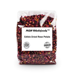 May include: A clear plastic bag filled with dried rose petals. The bag has a white label that reads "MQH Wholefoods™ Edible Dried Rose Petals". The label also includes two small circular stamps, one that says "100% Pure" and another that says "Premium Quality".
