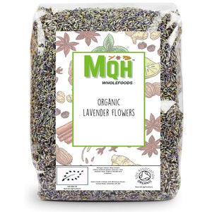 May include: A clear plastic bag filled with dried lavender flowers. The bag has a white label with the text "MQH WHOLEFOODS ORGANIC LAVENDER FLOWERS" and a green and white logo. The label also includes an allergen advice statement and a Soil Association Organic logo.