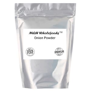 May include: A silver resealable bag of onion powder with a white label that reads "MQH Wholefoods&trade; Onion Powder". The label also has two black and white seals, one that says "100% PURE" and the other that says "QUALITY PREMIUM QUALITY".