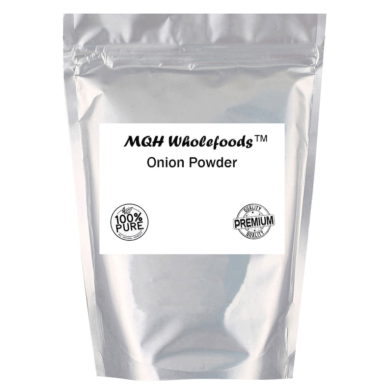 May include: A silver resealable bag of onion powder with a white label that reads "MQH Wholefoods&trade; Onion Powder". The label also has two black and white seals, one that says "100% PURE" and the other that says "QUALITY PREMIUM QUALITY".