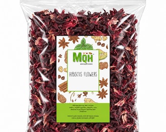 May include: A clear plastic bag filled with dried, deep red hibiscus flowers. A central white label features the green MQH Wholefoods logo, the text Hibiscus Flowers, and illustrations of spices. The bottom green section lists allergen information.