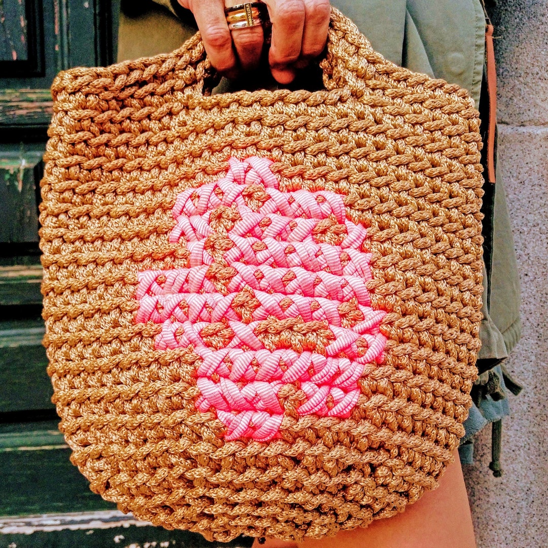 Modern Style Handmade Crochet Summer Bag , Short Handles Golden