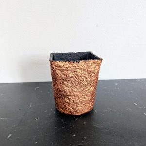 Peut inclure: Un petit pot de fleurs carré avec un extérieur texturé de couleur cuivre et un intérieur noir. Le pot est conçu pour contenir de petites plantes ou des succulentes. La finition cuivrée lui donne un aspect rustique et fait à la main.