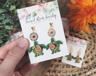 Summer Turtle with Flower | Floral | Clay Earrings