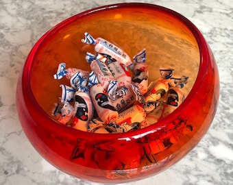 Orange Oblong Hand Blown Glass Candy Dish