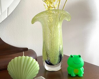 Green and Indigo Mid Century Confetti Glass Vase