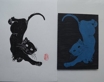 Hand Printed Black Cat, Linocut Cat, Original Lino Print, A4 Print making