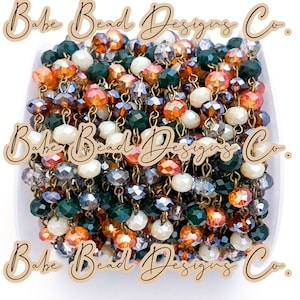 Hunter green, burnt Orange, gray, red, cream. Bronze beaded rosary chain, rosary chain, 8mm crystal rondelle beads, 1 foot.