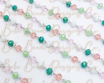 Dark turquoise, green, pink, white, silver beaded rosary chain, rosary chain, 8mm crystal rondelle beads, 1 foot. *showing signs of tarnish